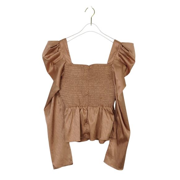 Revolve TCEC Cream Satin Puff Shoulder Blouse Wrap Front Medium - Picture 4 of 6